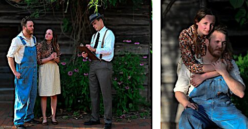 Couple embracing, man writing on clipboard.